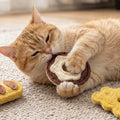 Cat playing with a catnip toy on a carpeted floor