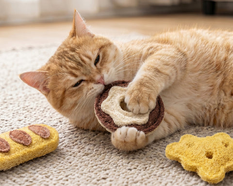 Cat playing with a catnip toy on a carpeted floor