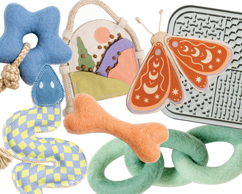 Collection of colorful pet toys including a butterfly, bone, and chain on a white background.