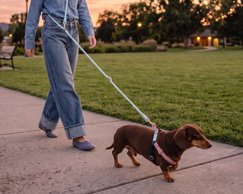 A woman walks a small brown dachshund on a leash along a paved path in a park at sunset. The woman wears a light blue denim shirt and jeans, and the dog wears a pink harness.