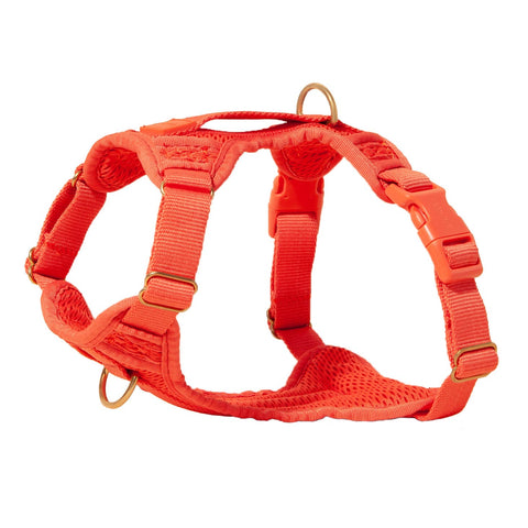 Awoo Huggie Harness in spice red, air mesh padded dog harness photographed in 3D to show the 2 connection points, easy to grab top handle, adjustable neck straps and adjustable waist straps with fast release buckles.